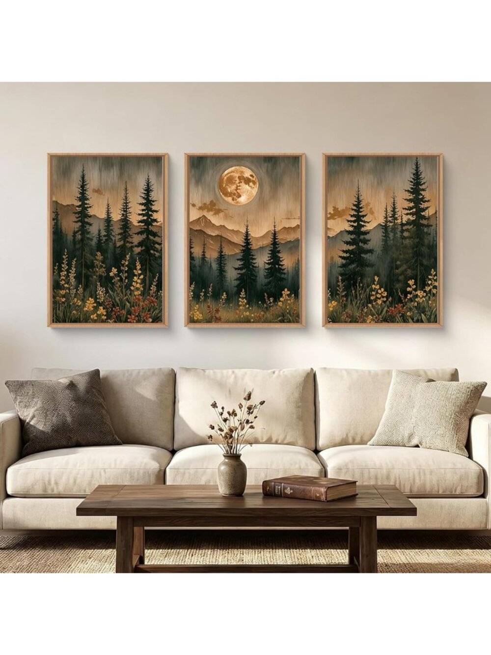 Vintage Moonlight Forest Mountain Canvas Wall Art Set - 3 Piece Framed Decor